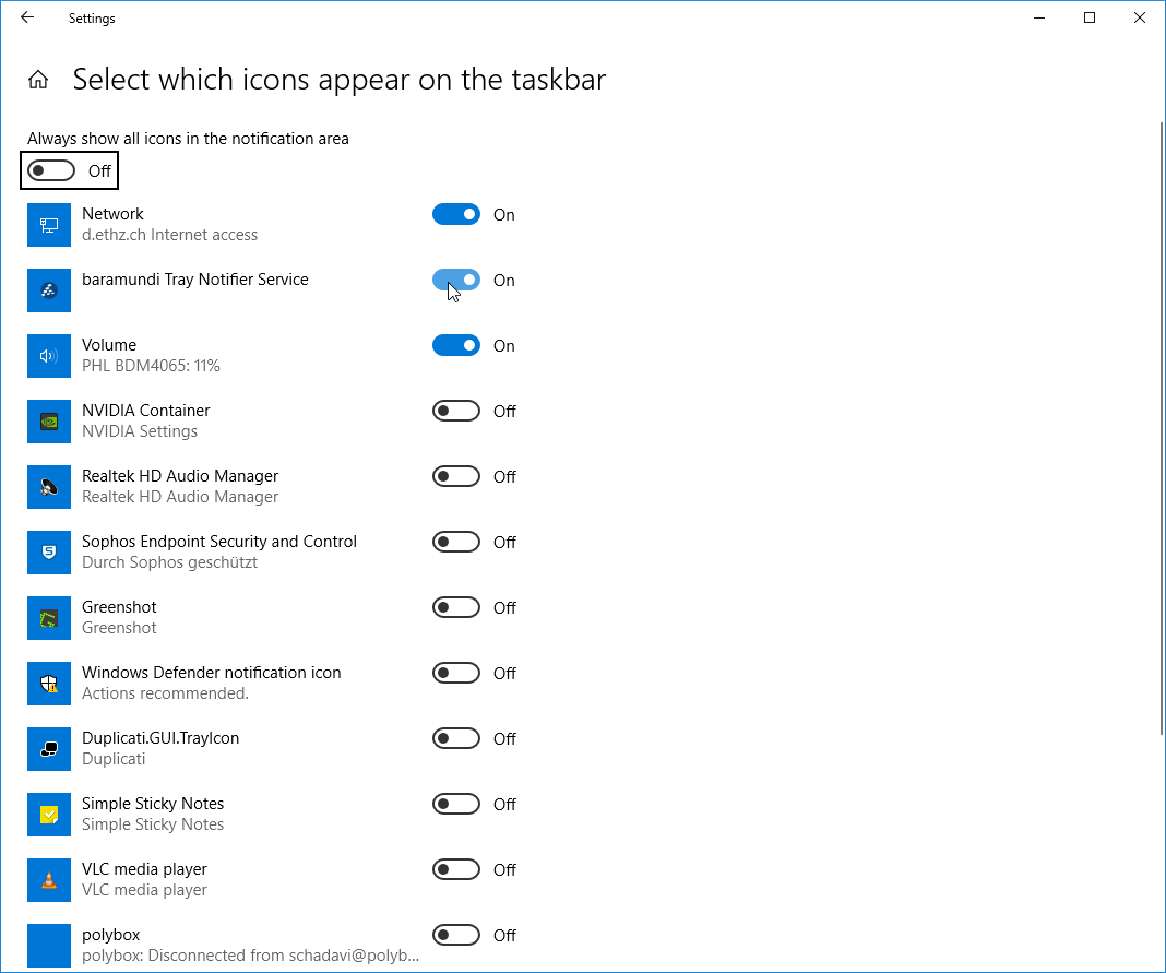Select which icons appear in the taskbar